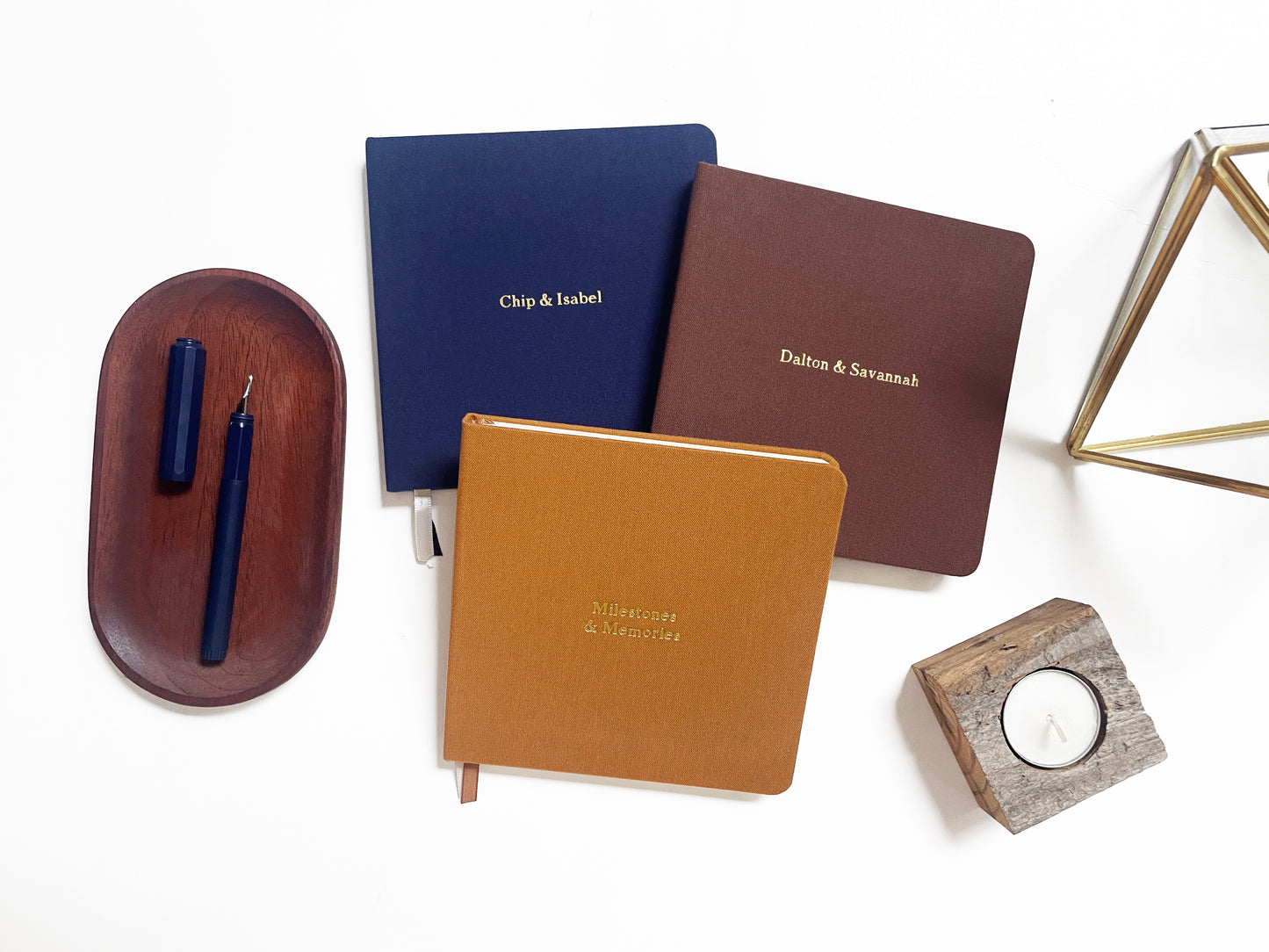 Custom Text Foil Embossed Square Linen Notebook | Navy & Browns