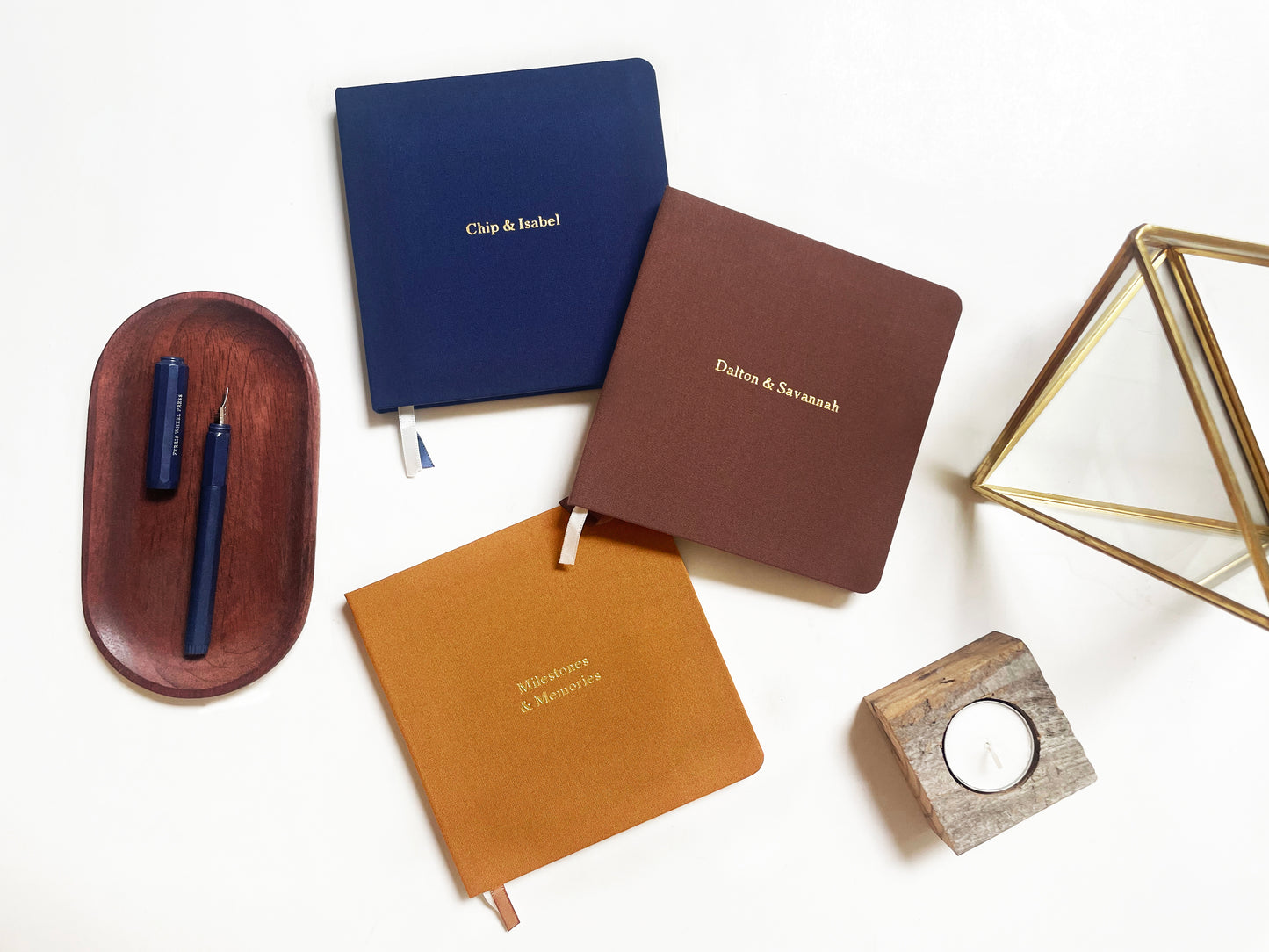 Custom Text Foil Embossed Square Linen Notebook | Navy & Browns