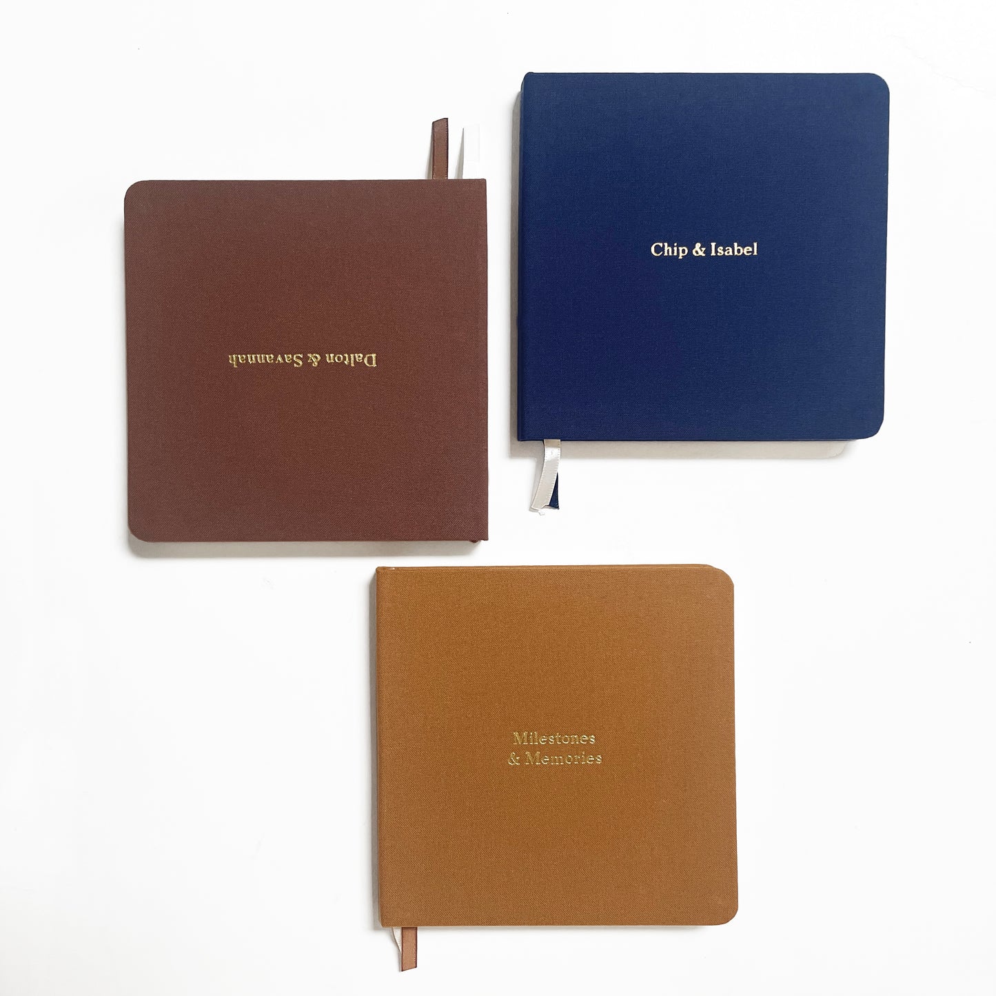 Custom Text Foil Embossed Square Linen Notebook | Navy & Browns
