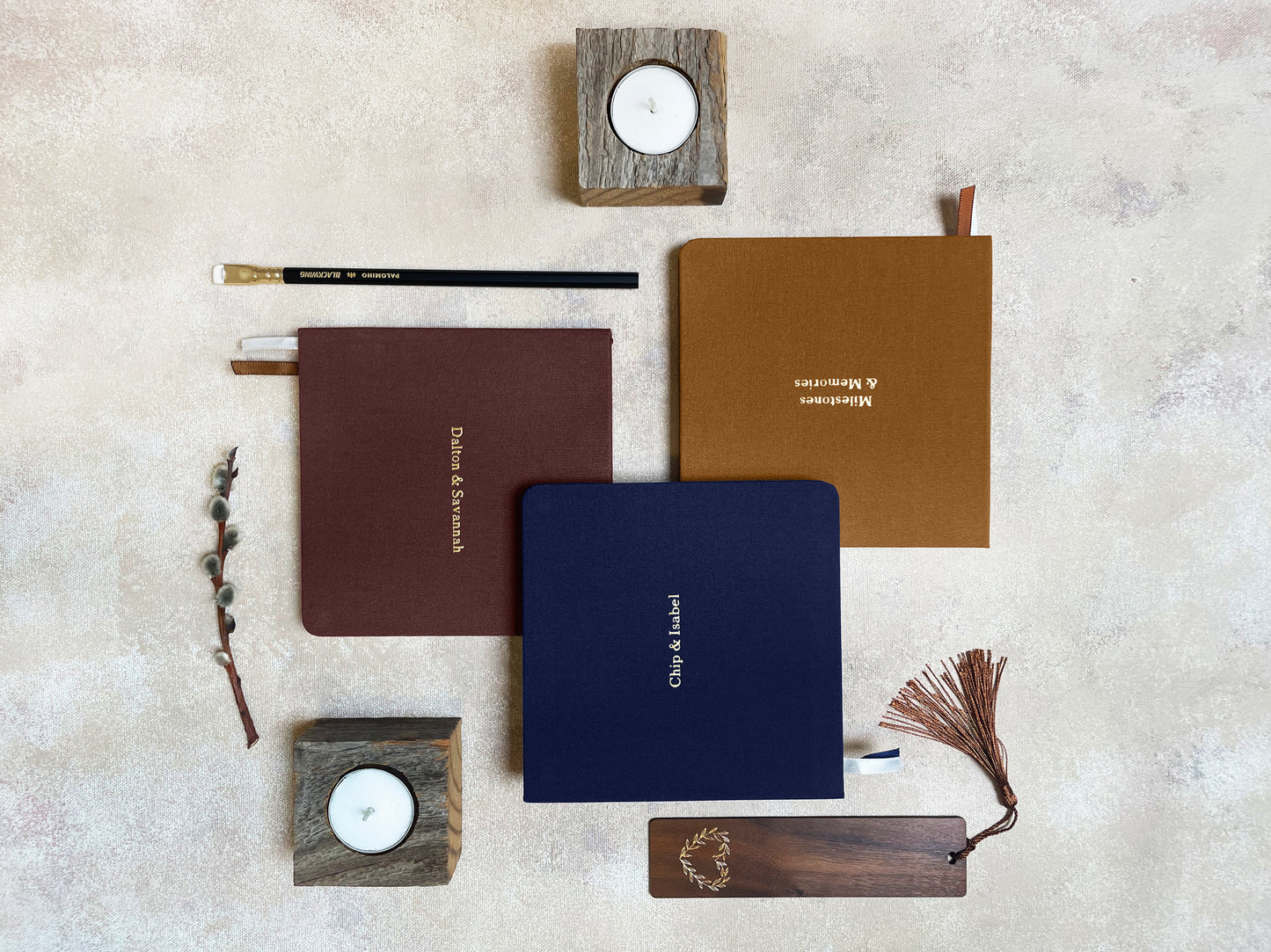 Custom Text Foil Embossed Square Linen Notebook | Navy & Browns