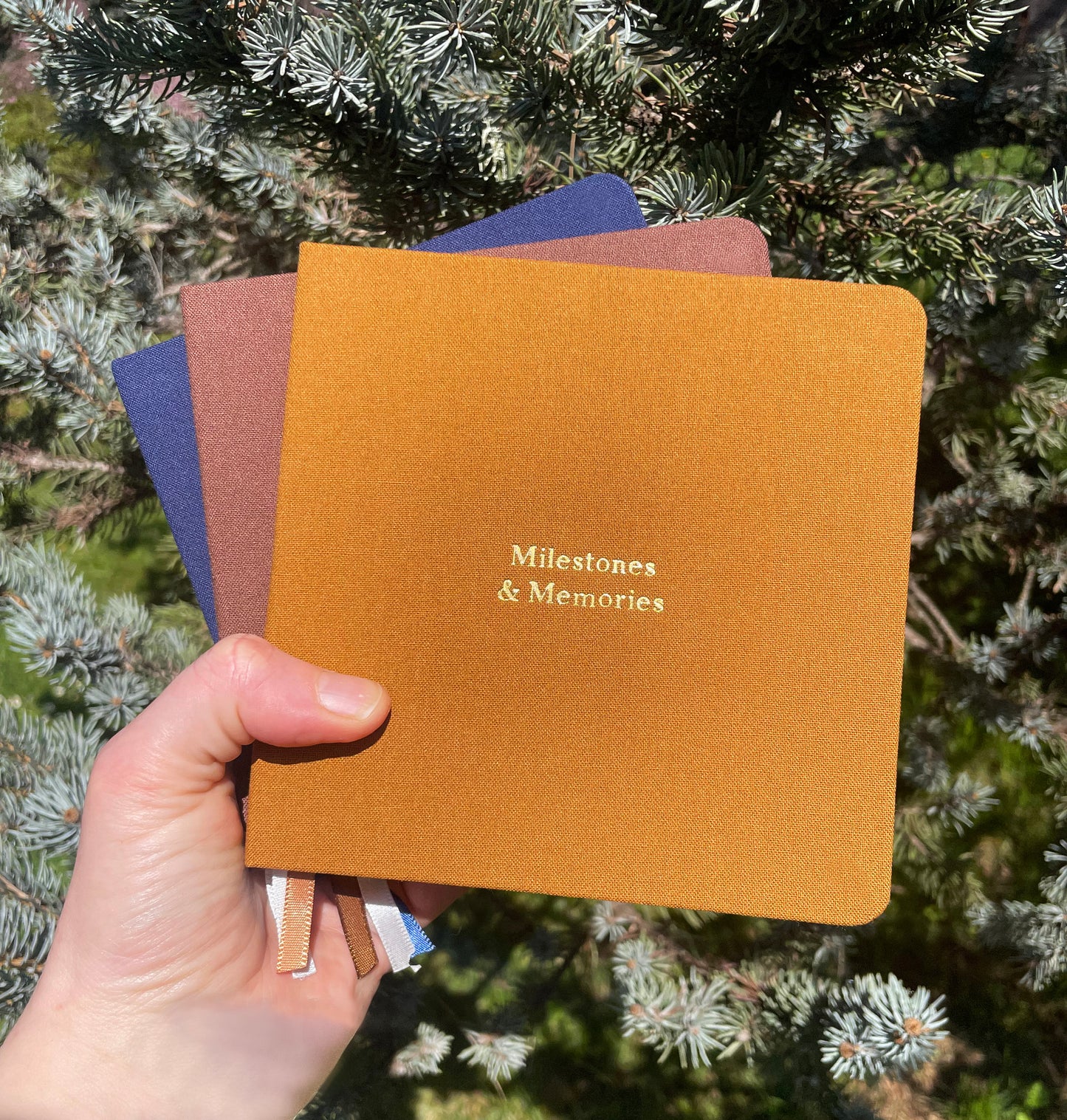 Custom Text Foil Embossed Square Linen Notebook | Navy & Browns