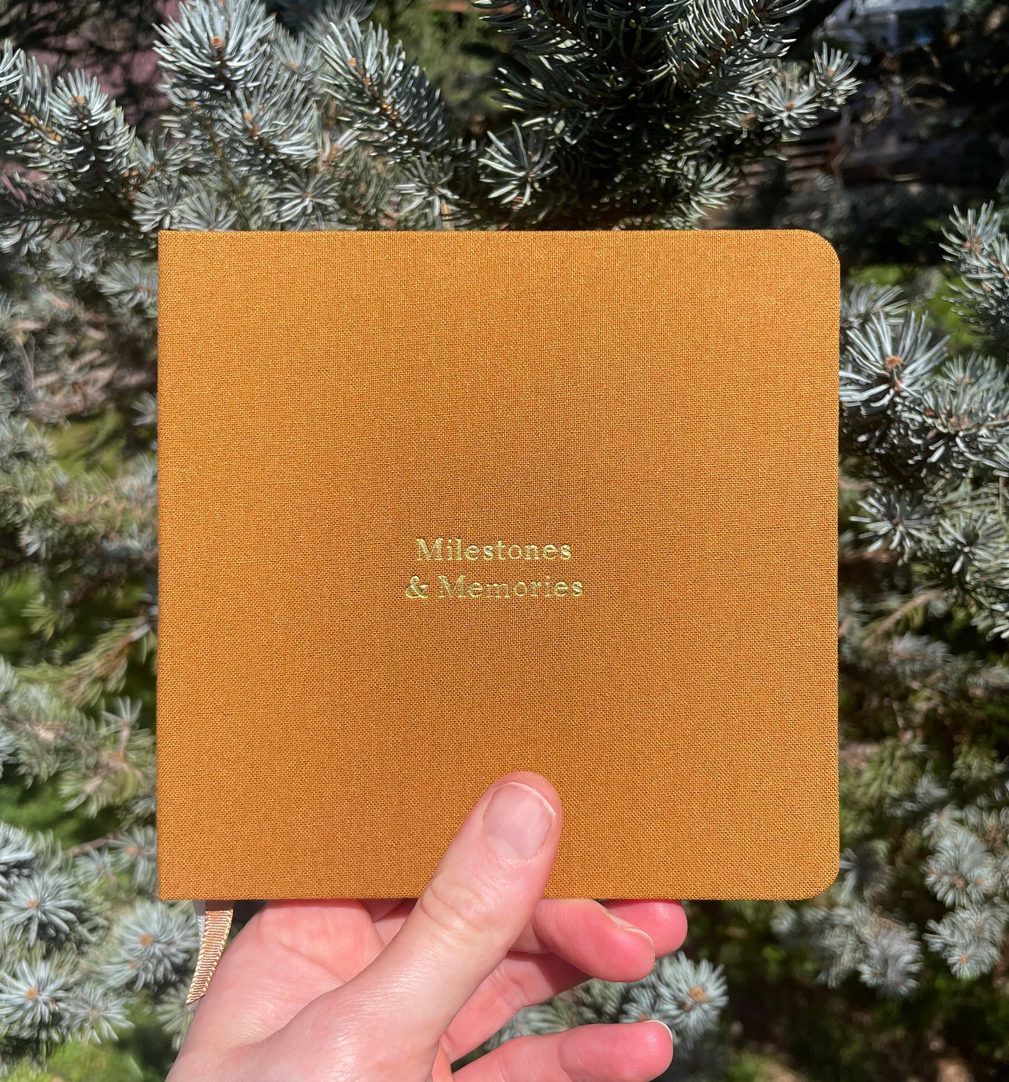 Custom Text Foil Embossed Square Linen Notebook | Navy & Browns