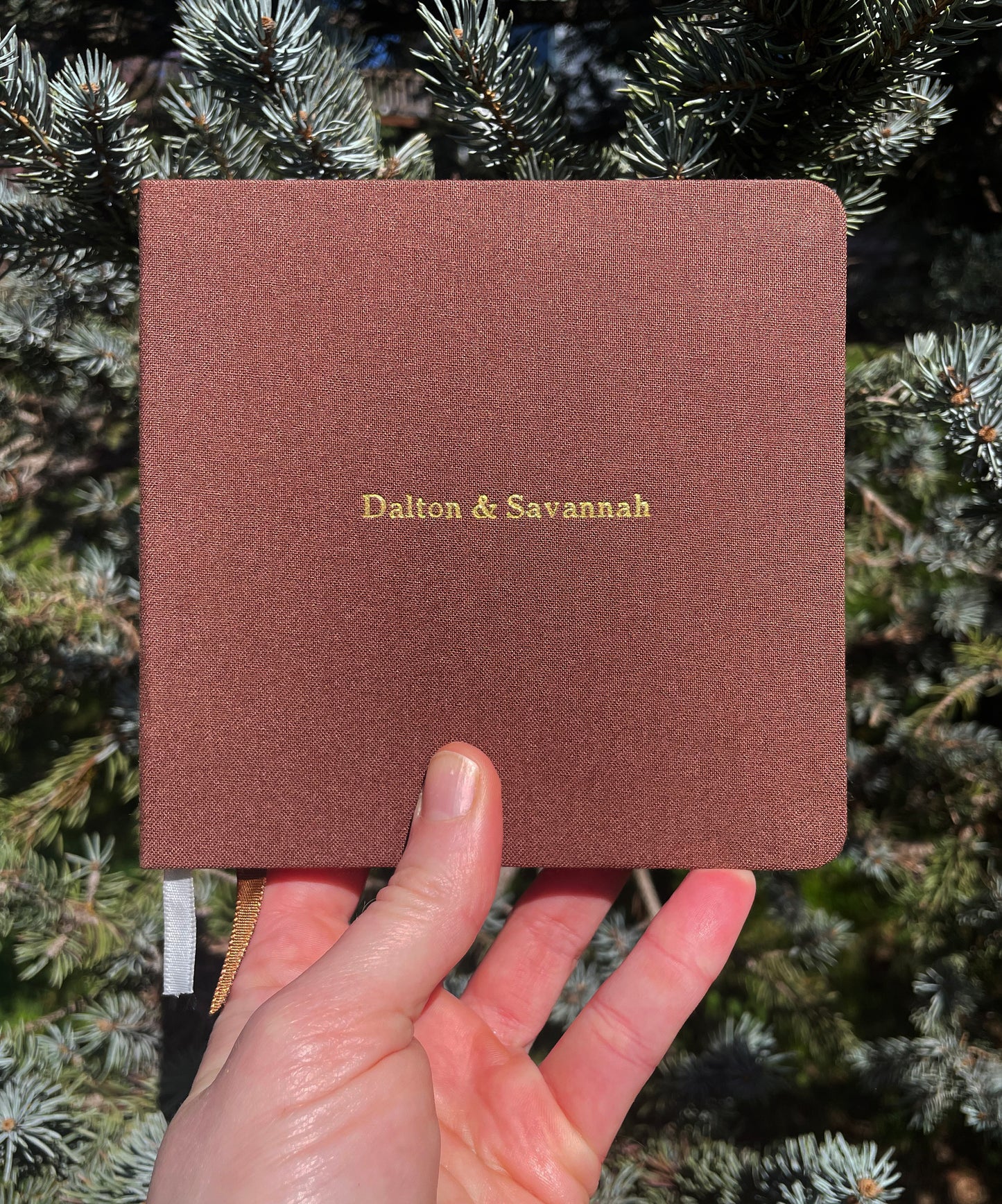 Custom Text Foil Embossed Square Linen Notebook | Navy & Browns