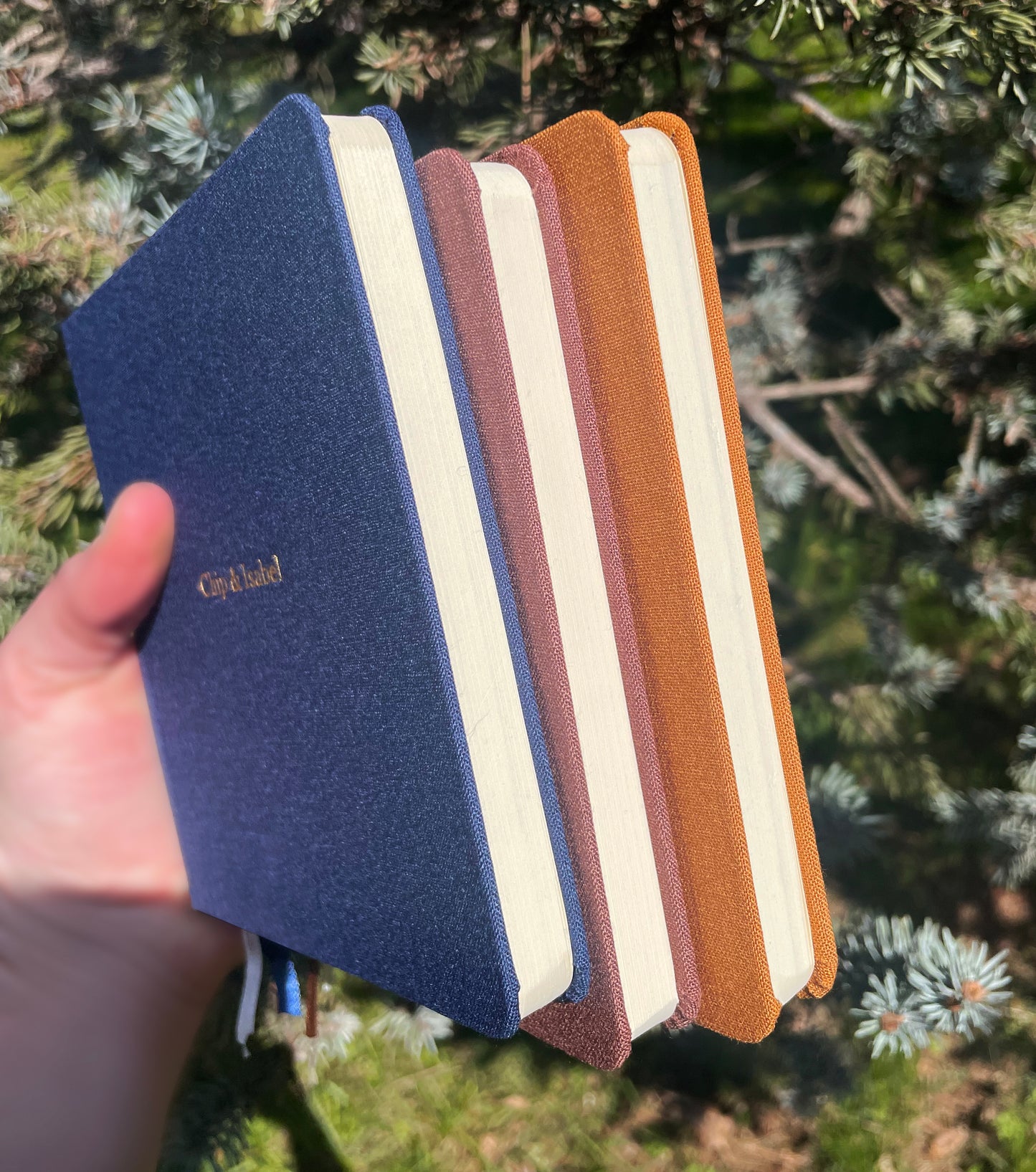 Custom Text Foil Embossed Square Linen Notebook | Navy & Browns