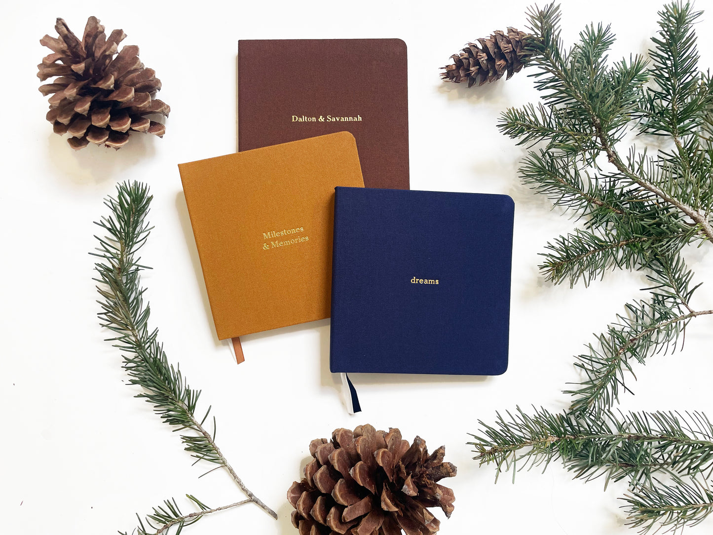 Custom Text Foil Embossed Square Linen Notebook | Navy & Browns