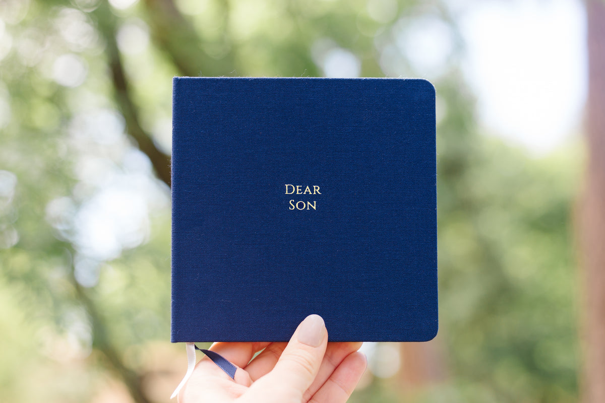 Dear Son Foil Embossed Square Linen Notebook | Gold on Navy Blue