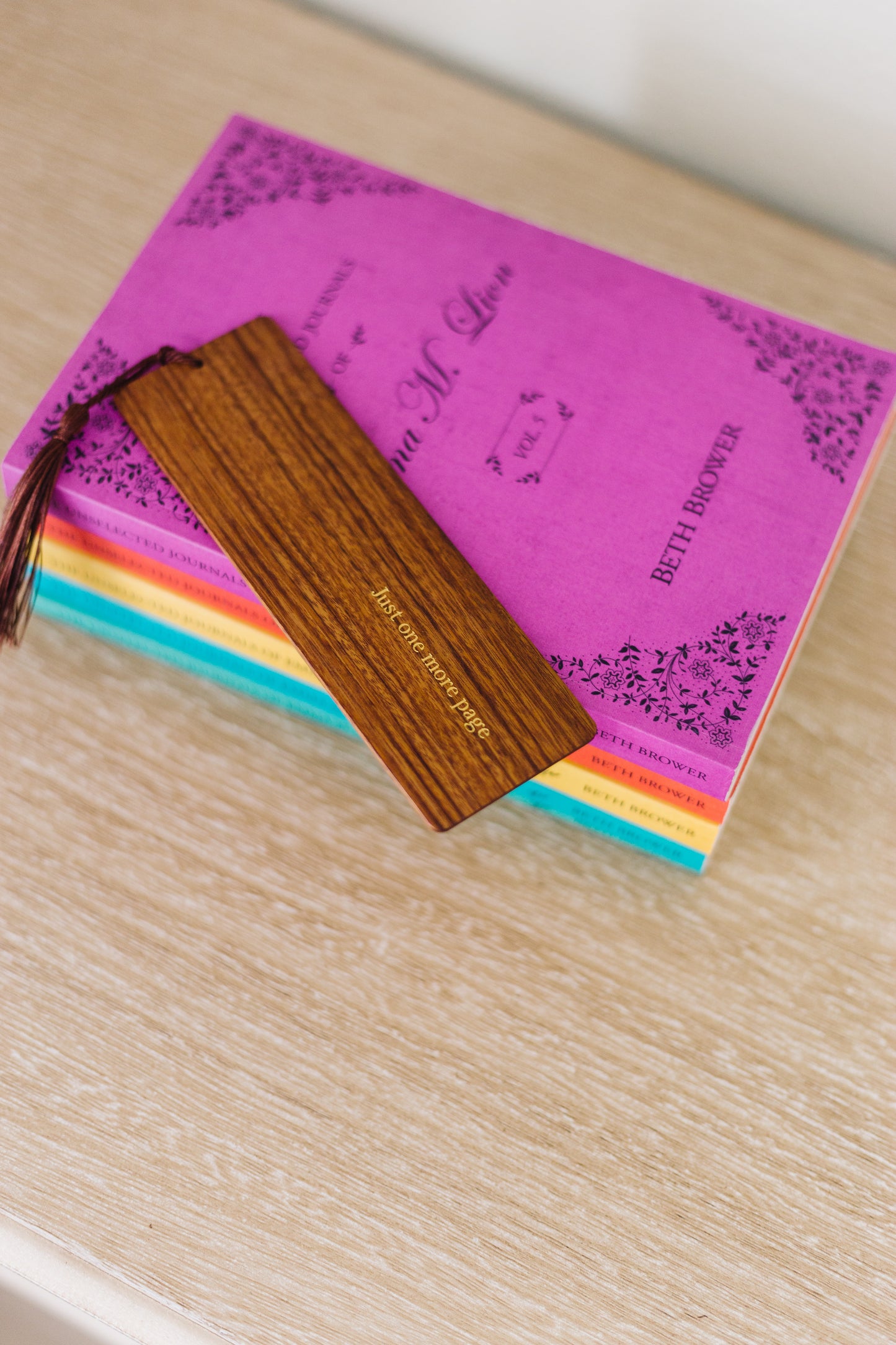 Just One More Page Foil Embossed Walnut Wood Bookmark