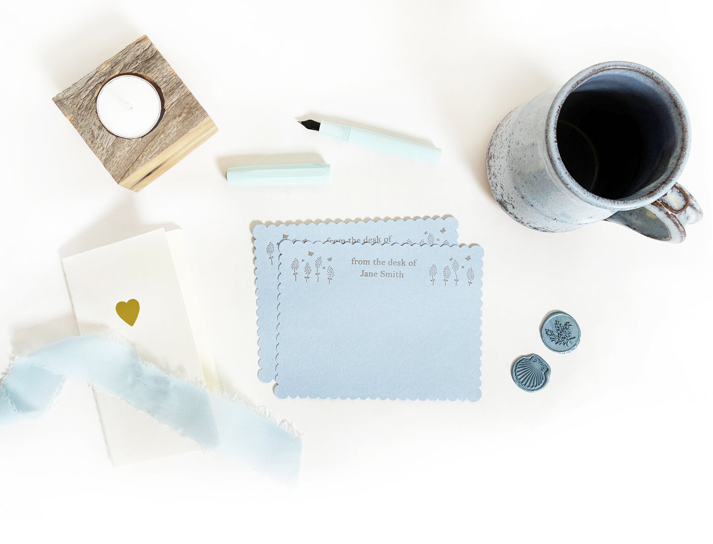 Custom Desktop Stationery | Wildflower Letterpress Scalloped Flat Note Card Set