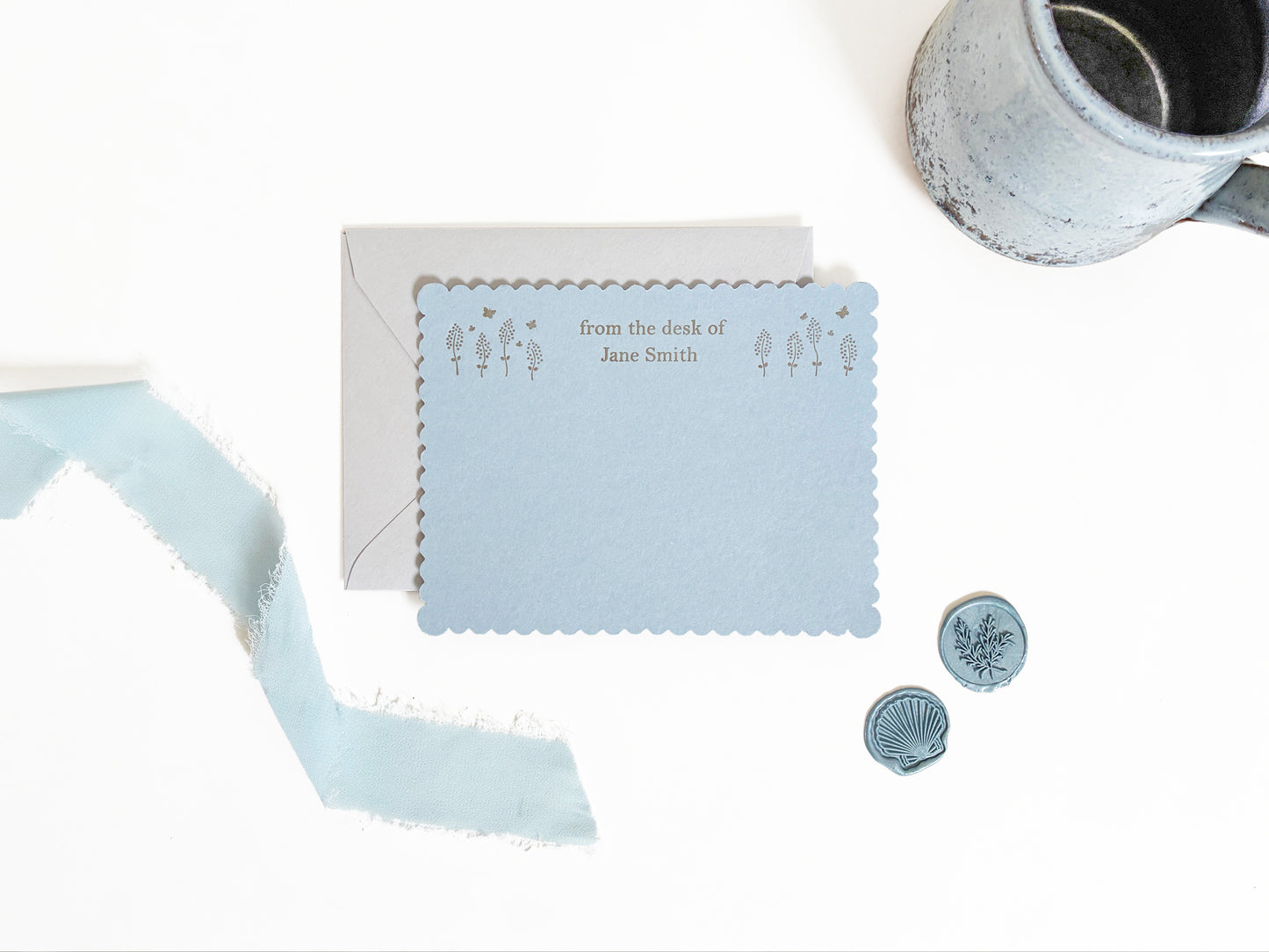 Custom Desktop Stationery | Wildflower Letterpress Scalloped Flat Note Card Set