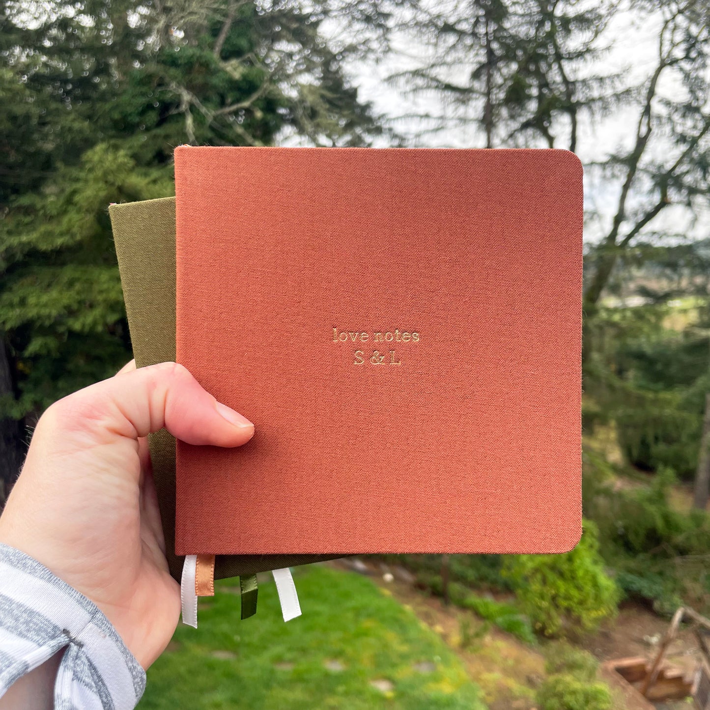 Custom Text Foil Embossed Square Linen Notebook | Earth Tones