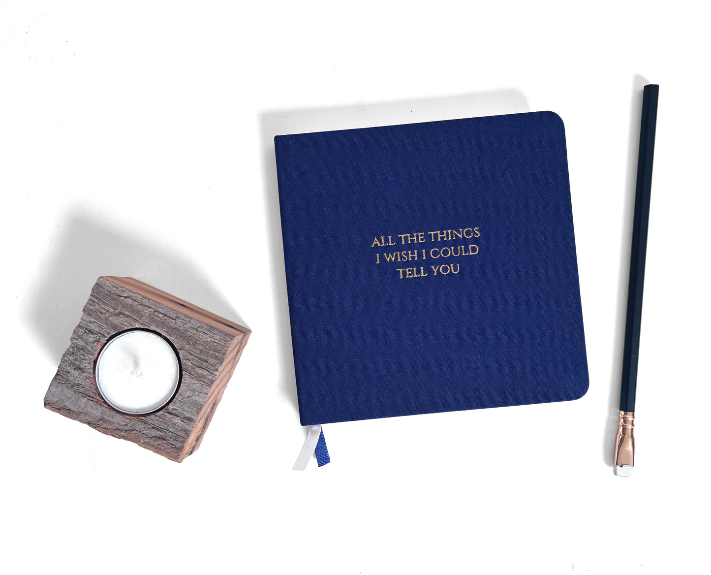 Grief Journal | All the Things I Wish I Could Tell You | Gold Foil Embossed Square Navy Blue Linen Notebook