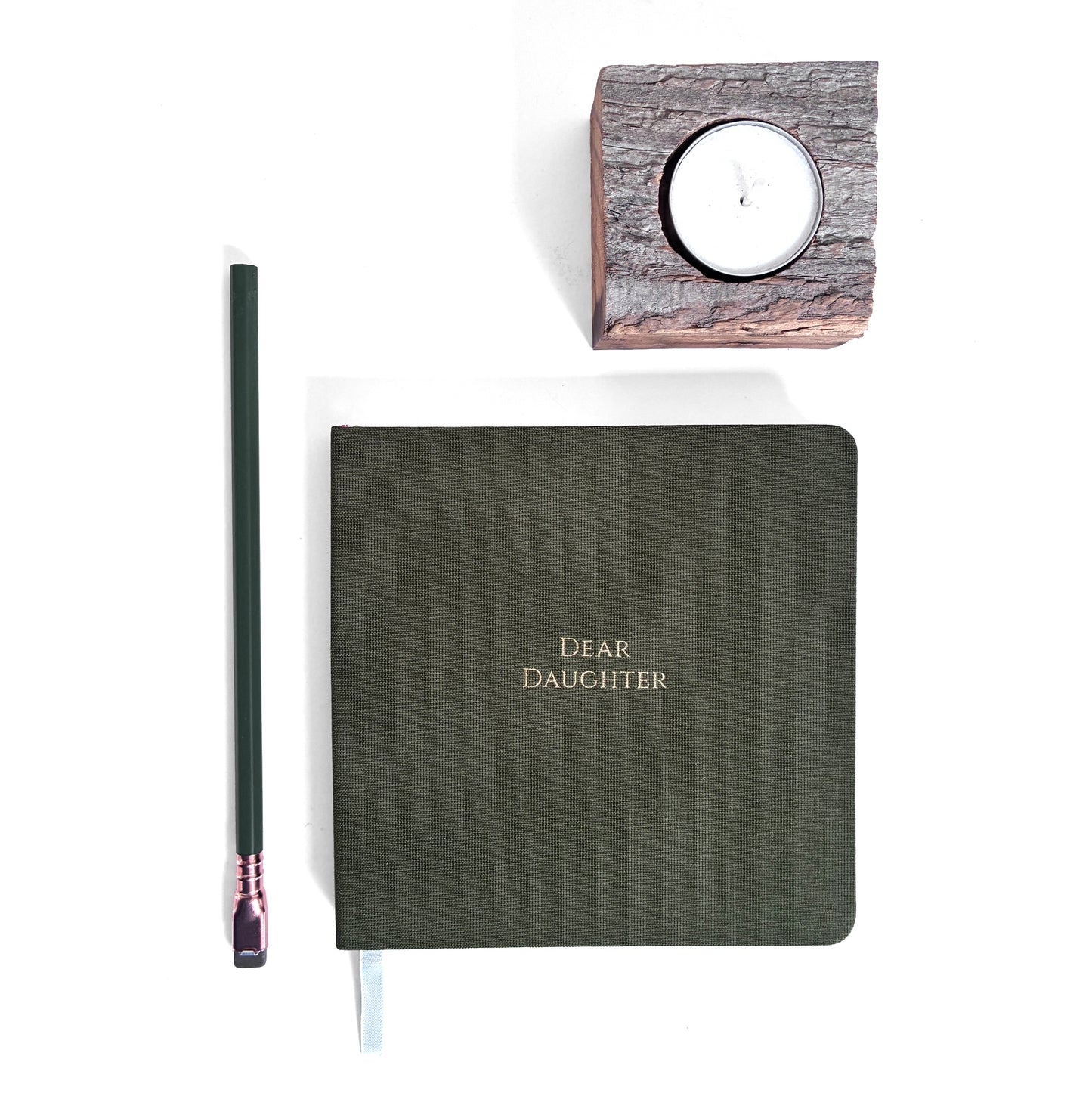 Dear Daughter Foil Embossed Square Linen Notebook | Gold on Olive