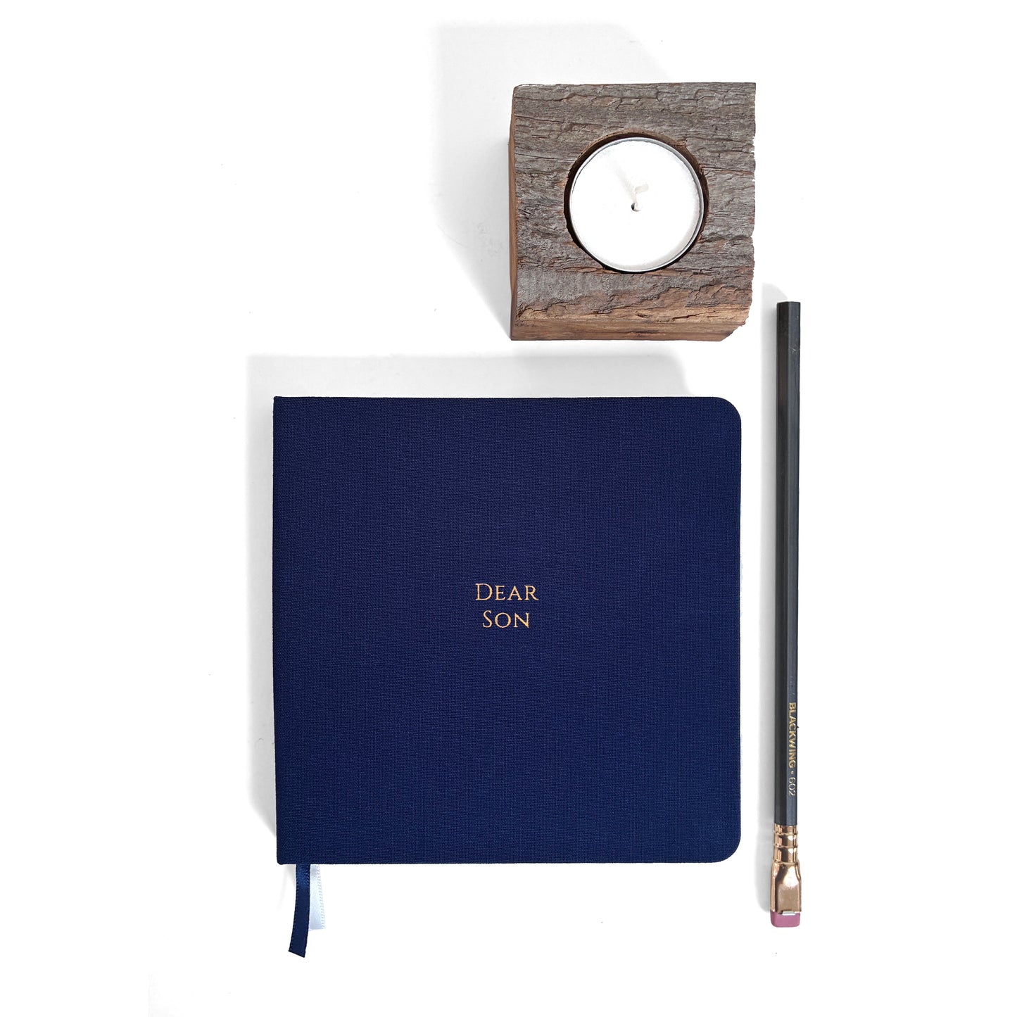 Dear Son Foil Embossed Square Linen Notebook | Gold on Navy Blue