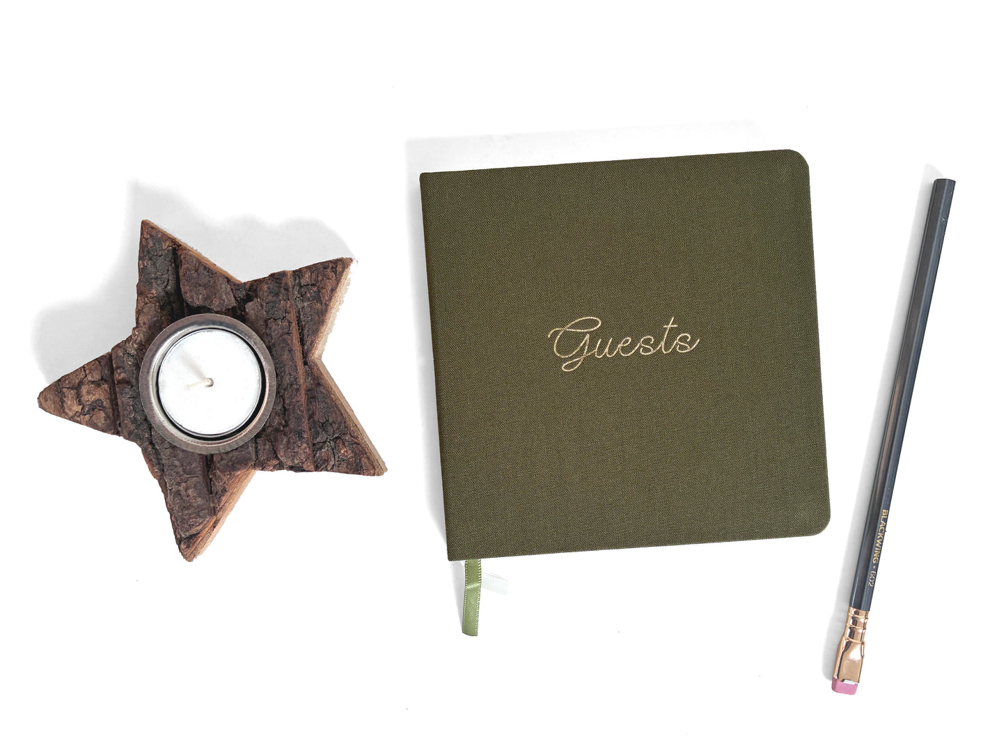 Foil Embossed Square Linen Guestbook | Gold on Olive