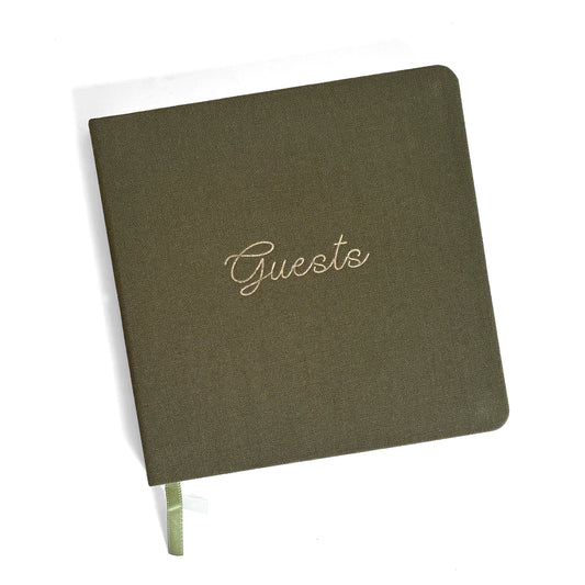 Foil Embossed Square Linen Guestbook | Gold on Olive