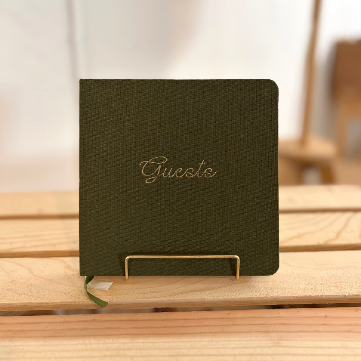 Foil Embossed Square Linen Guestbook | Gold on Olive