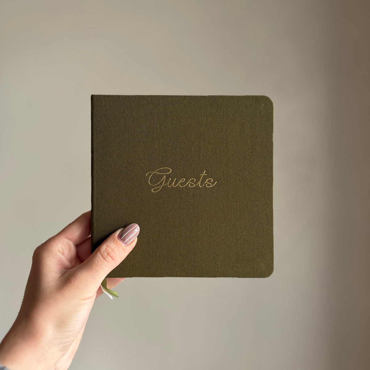 Foil Embossed Square Linen Guestbook | Gold on Olive