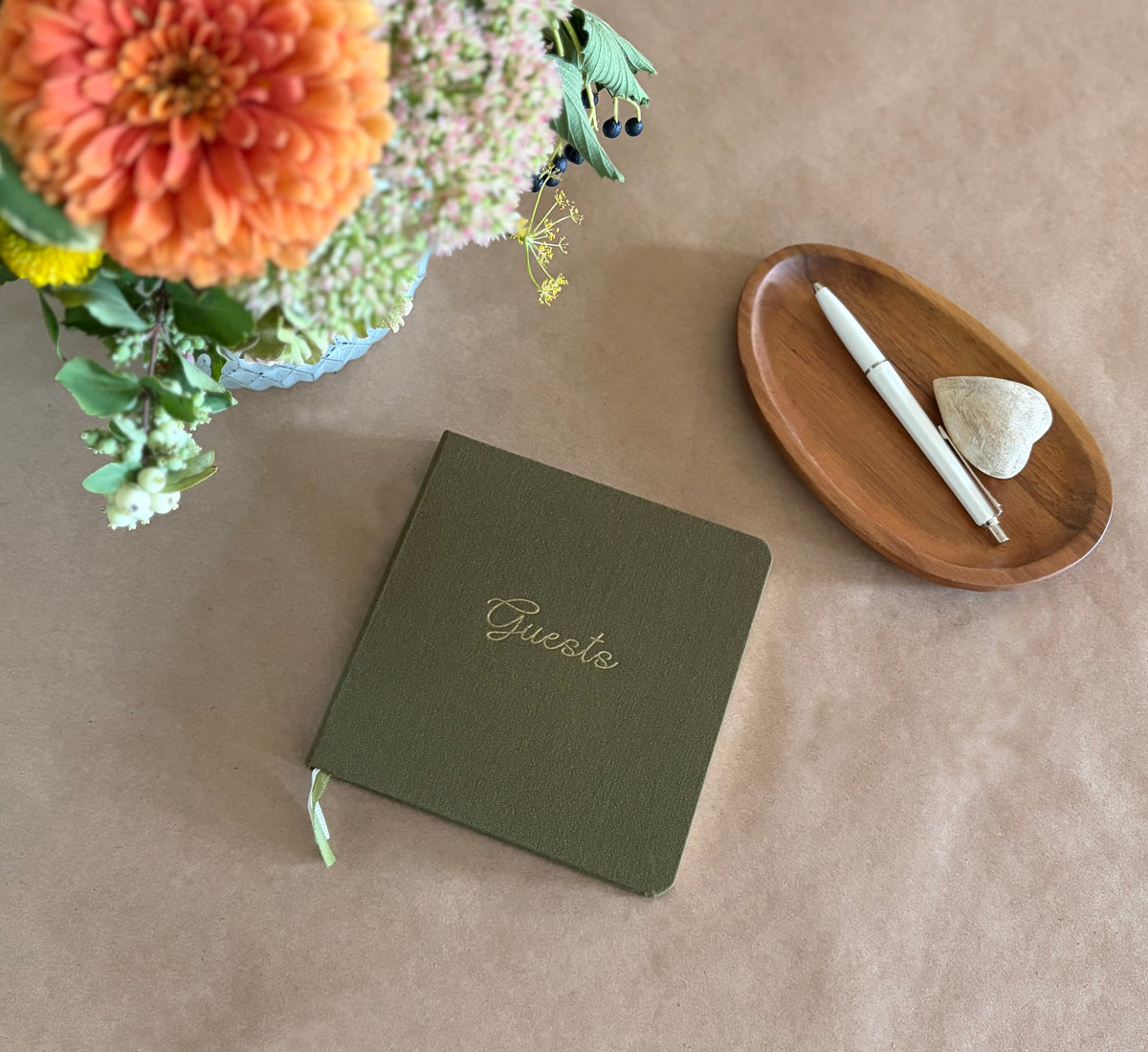 Foil Embossed Square Linen Guestbook | Gold on Olive