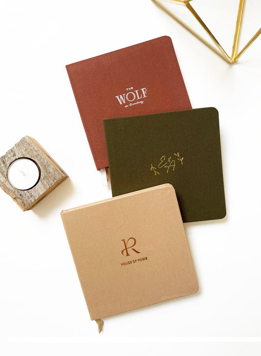 Set of (30) Custom Logo Foil Embossed Square Linen Notebooks, Earth Tones