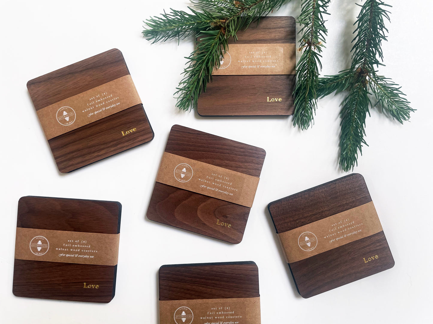 Foil Embossed Walnut Wood Coaster Set