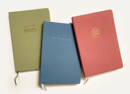 Set of (30) Custom Logo Foil Embossed Linen Notebooks, Soft Vintage Hues