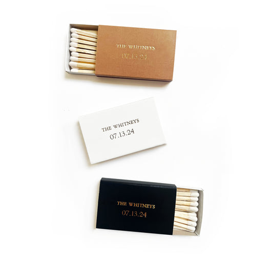 Set of (100) Custom Text Foil Embossed Matchboxes | Smaller, All Caps Font