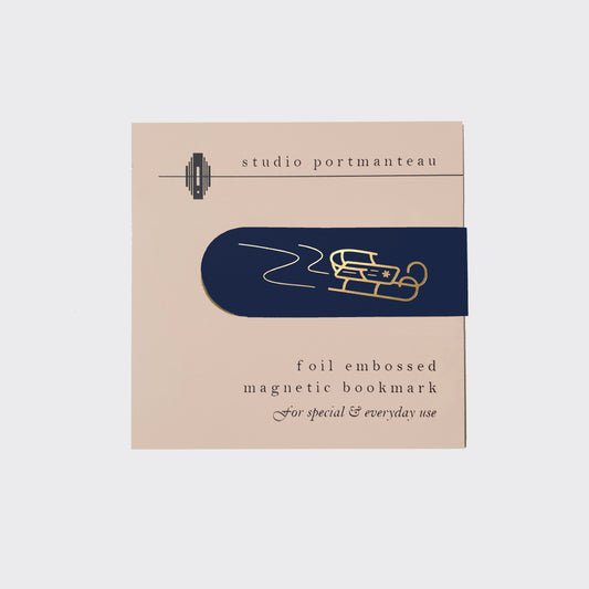 Snowy Sled Gold Foil Embossed Magnetic Bookmark | Hygge Book Lover Gift