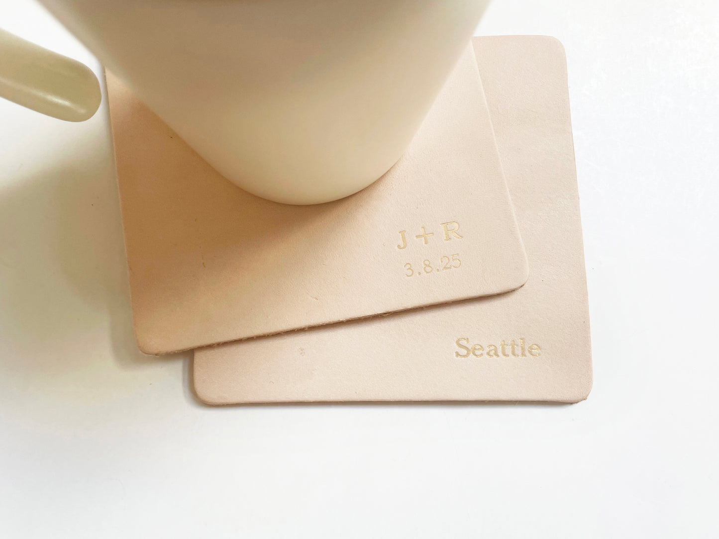 Custom Text Debossed Genuine Leather Beverage Coaster Set