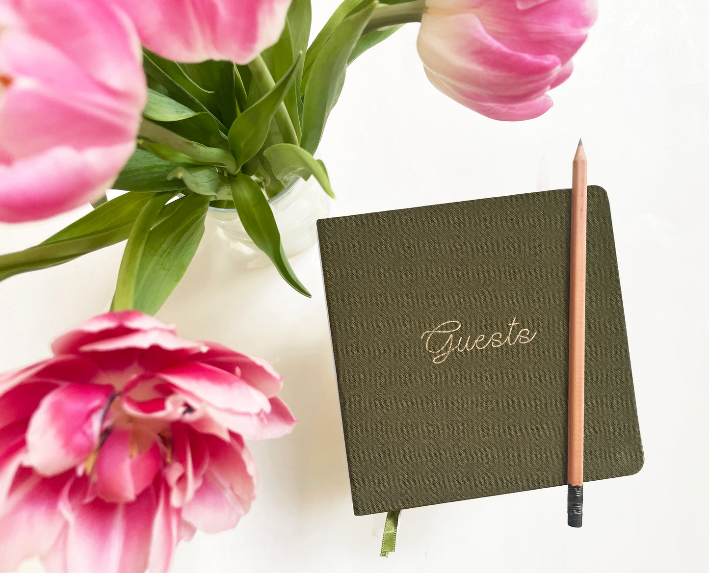 Foil Embossed Square Linen Guestbook | Gold on Olive