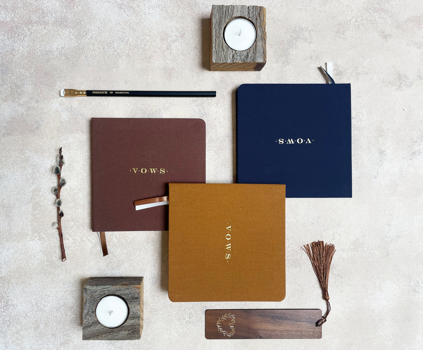 Wedding Vows Foil Embossed Square Linen Notebook | Navy & Browns