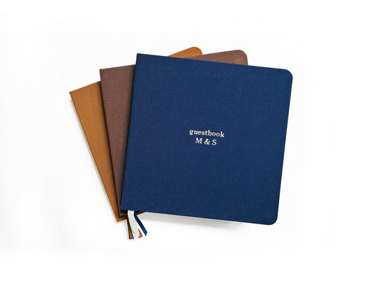 Custom Text Foil Embossed Square Linen Notebook | Navy & Browns