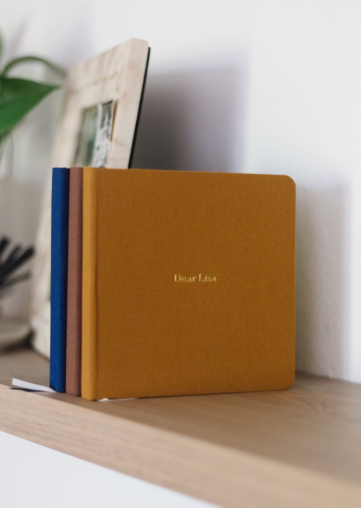 Custom Text Foil Embossed Square Linen Notebook | Navy & Browns
