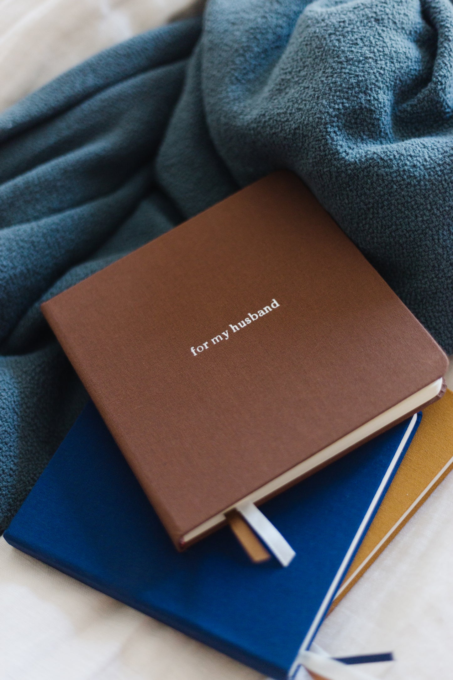 Custom Text Foil Embossed Square Linen Notebook | Navy & Browns
