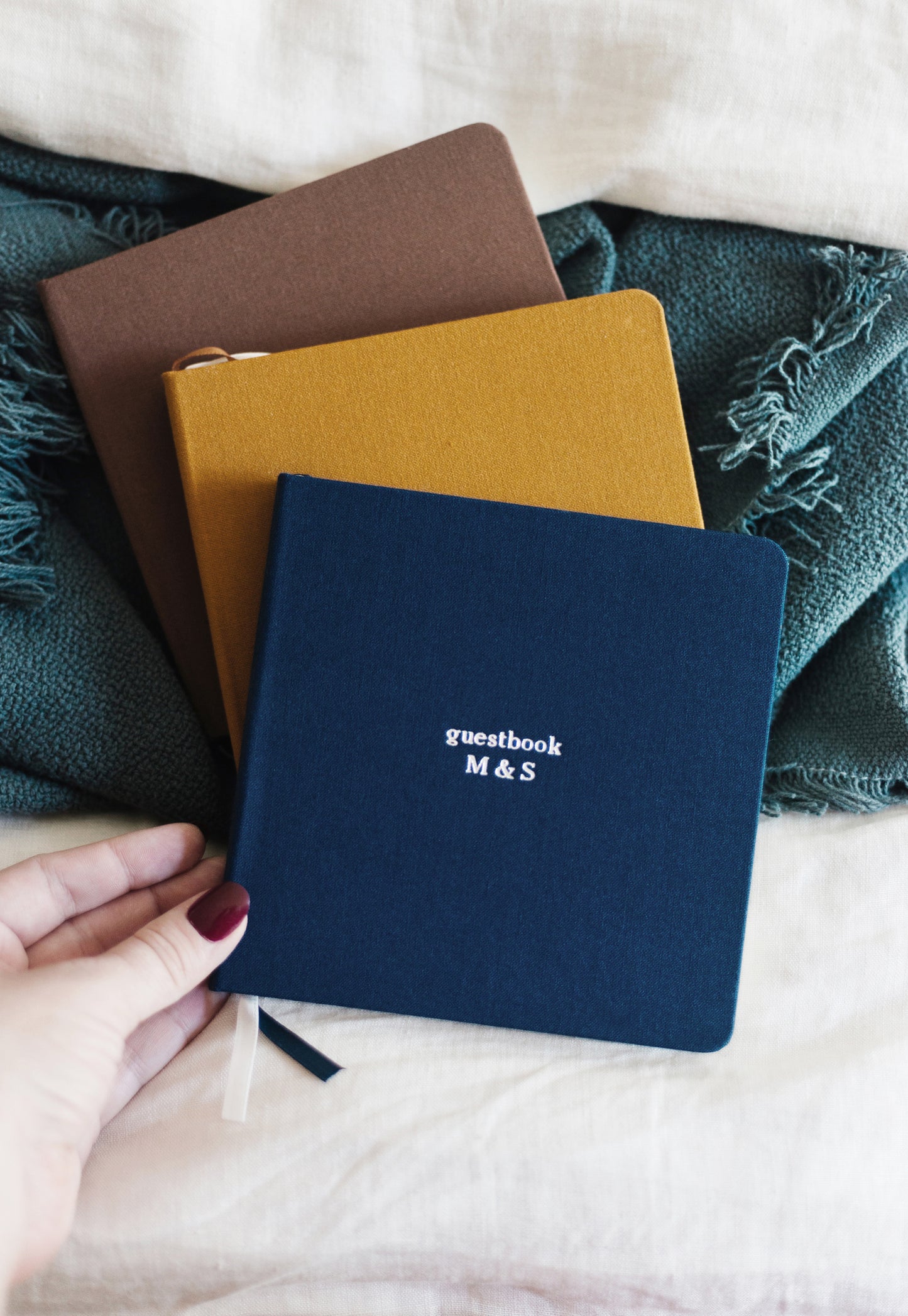 Custom Text Foil Embossed Square Linen Notebook | Navy & Browns