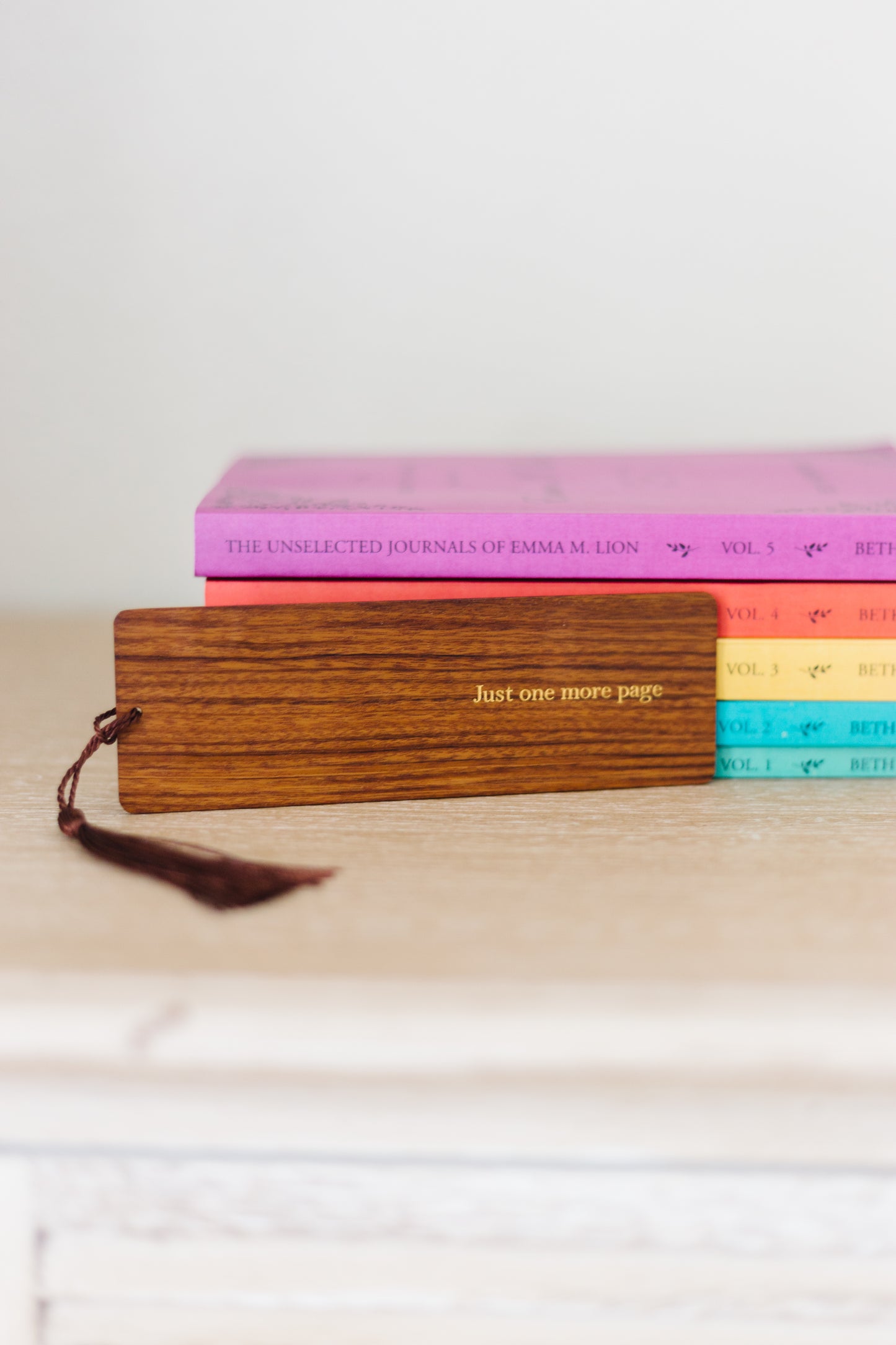Just One More Page Foil Embossed Walnut Wood Bookmark